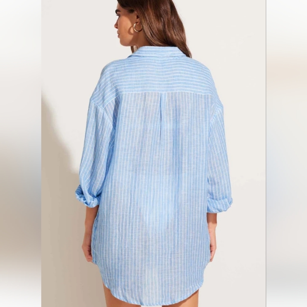 Vitamin A Playa Linen Boyfriend Shirt Summer Stripe EcoLinen M - Picture 4 of 16